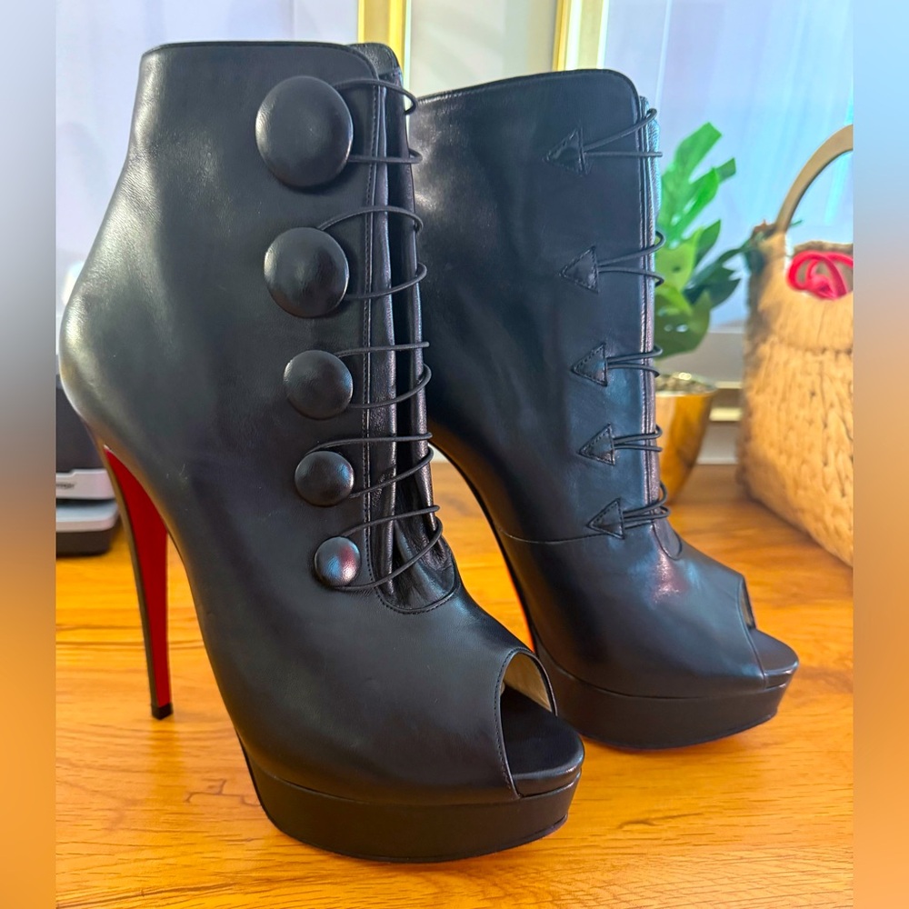 Christian Louboutin Button Bootie Heels – Black Leather with Red Soles (Size 41)